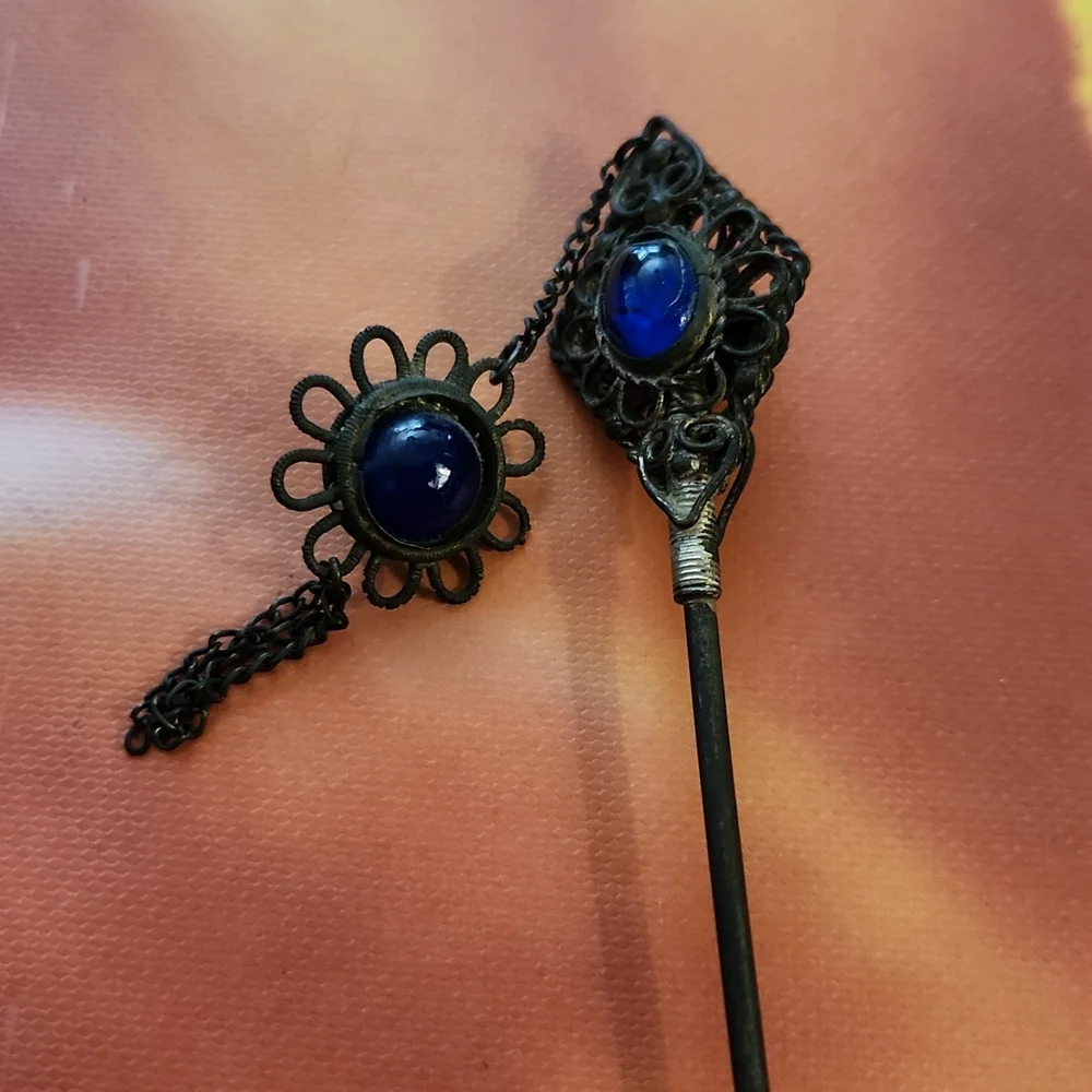 Vintage Hair Pin with Blue Cabachons